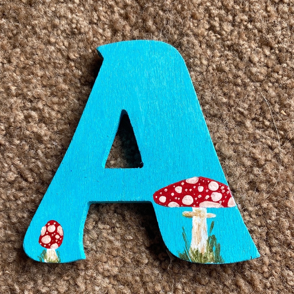 Blue Wooden Letter A with Mushroom Design